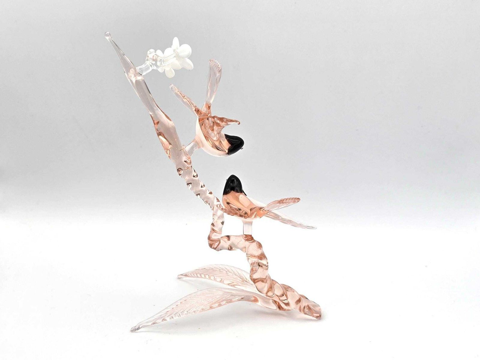 Vintage Murano Style Glass Bird Sculpture, Pink Blossom Tree, Two Birds photo for sale