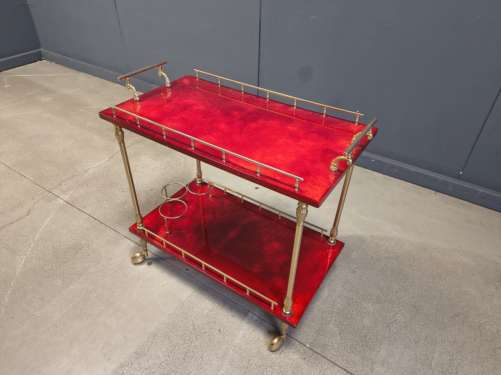 photo for sale Rare Italian Lacquered Goatskin / Parchment Serving Bar Cart By Aldo Tura, 1960s