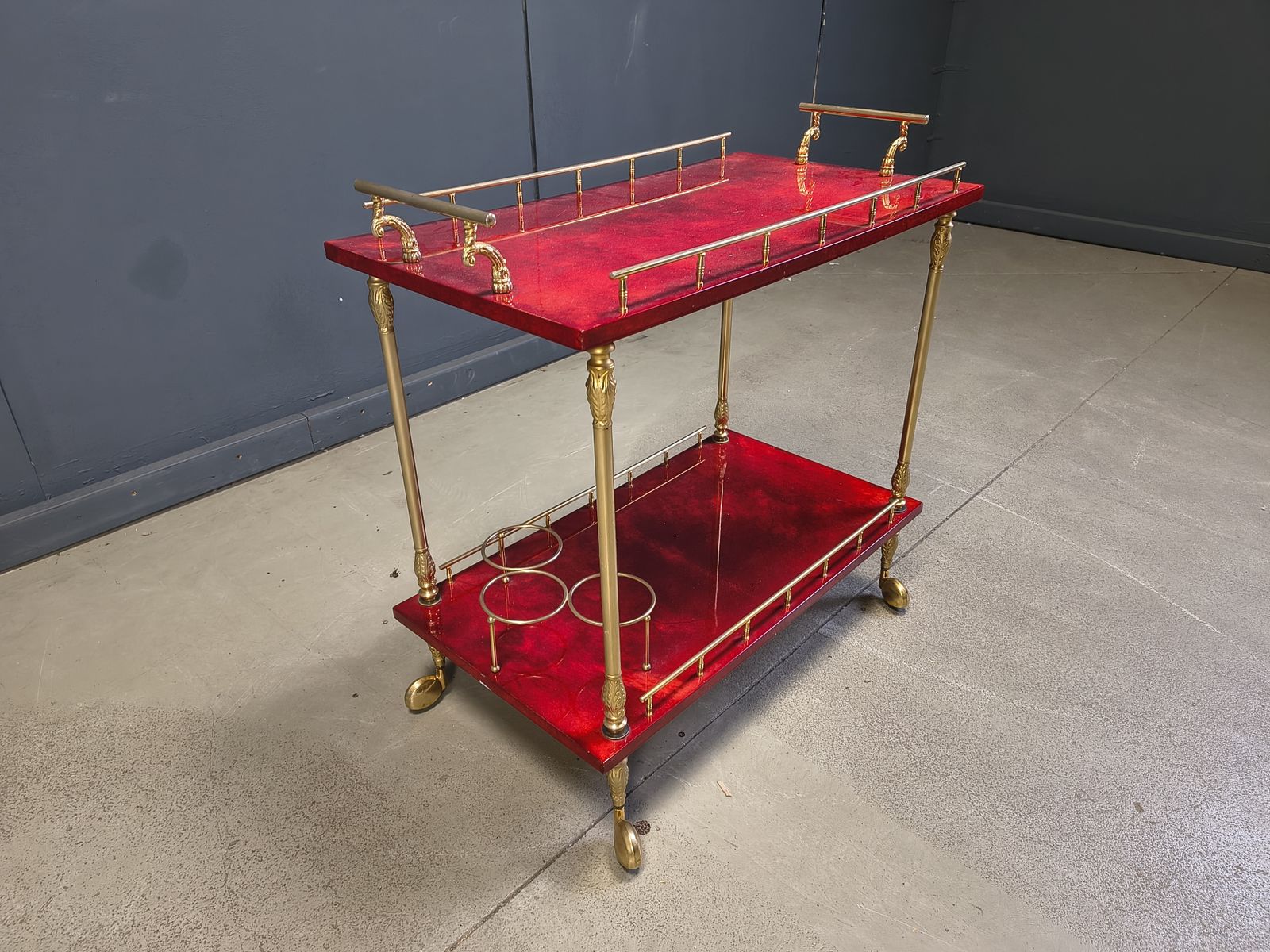 Furniture Rare Italian Lacquered Goatskin / Parchment Serving Bar Cart By Aldo Tura, 1960s photo