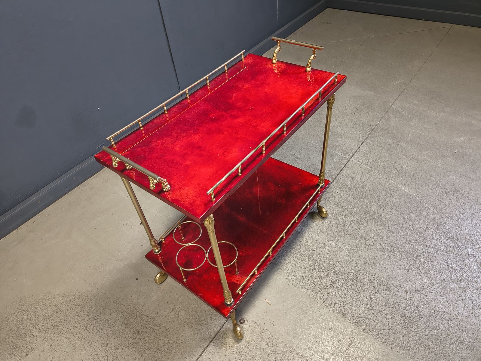 1250.0 Rare Italian Lacquered Goatskin / Parchment Serving Bar Cart By Aldo Tura, 1960s photo