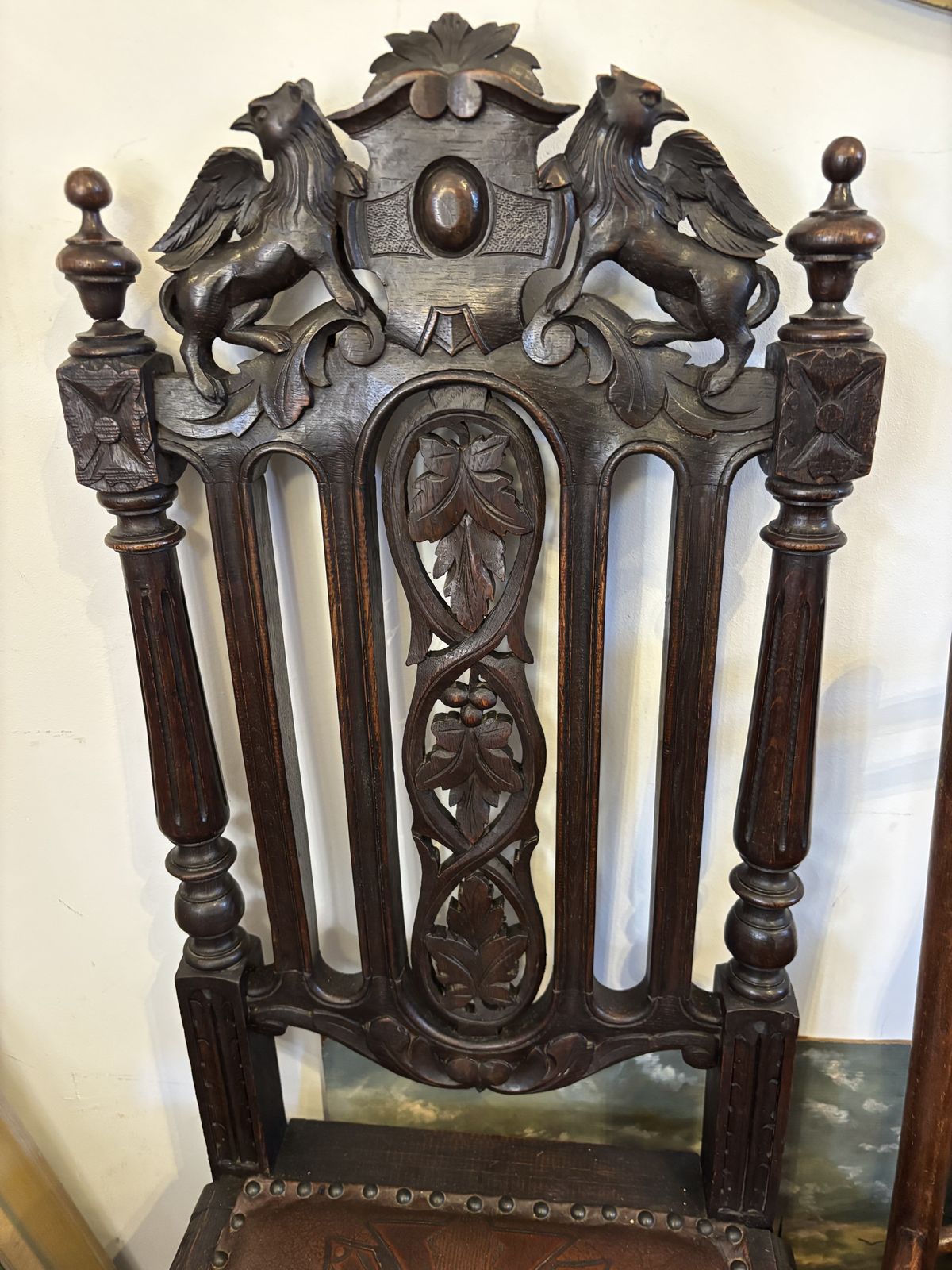 Pair Of Gothic Revival Lions & Griffins Carved Oak Hall Chairs 19th Century photo vinterior