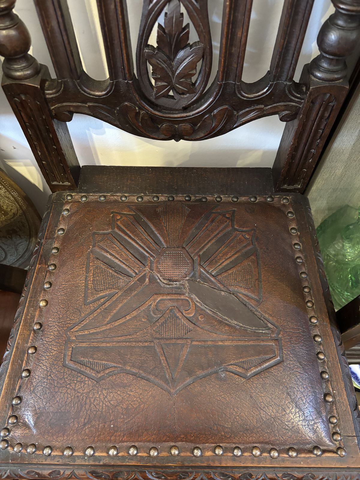 Pair Of Gothic Revival Lions & Griffins Carved Oak Hall Chairs 19th Century photo vintage
