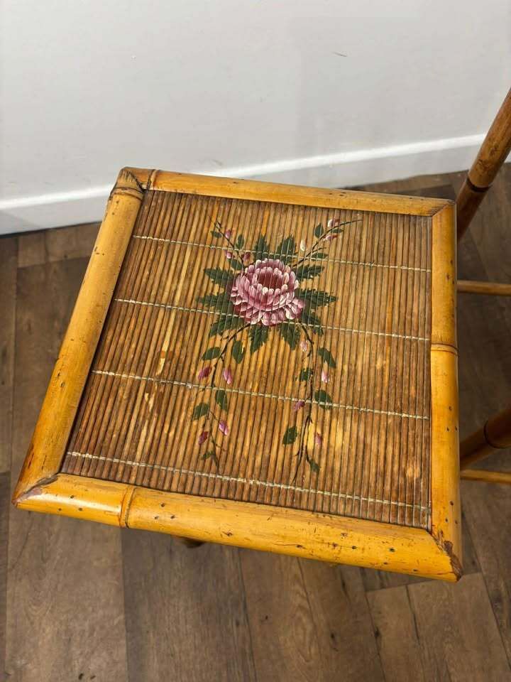 Pair Of Vintage French Bamboo Side Tables With Hand Painted Rose Detail photo Furniture