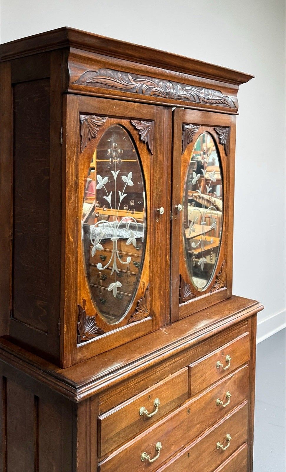 Antique Walnut Carved Bookcase Chest Of Drawers Decorative C1900 Etched Mirrors photo furniture