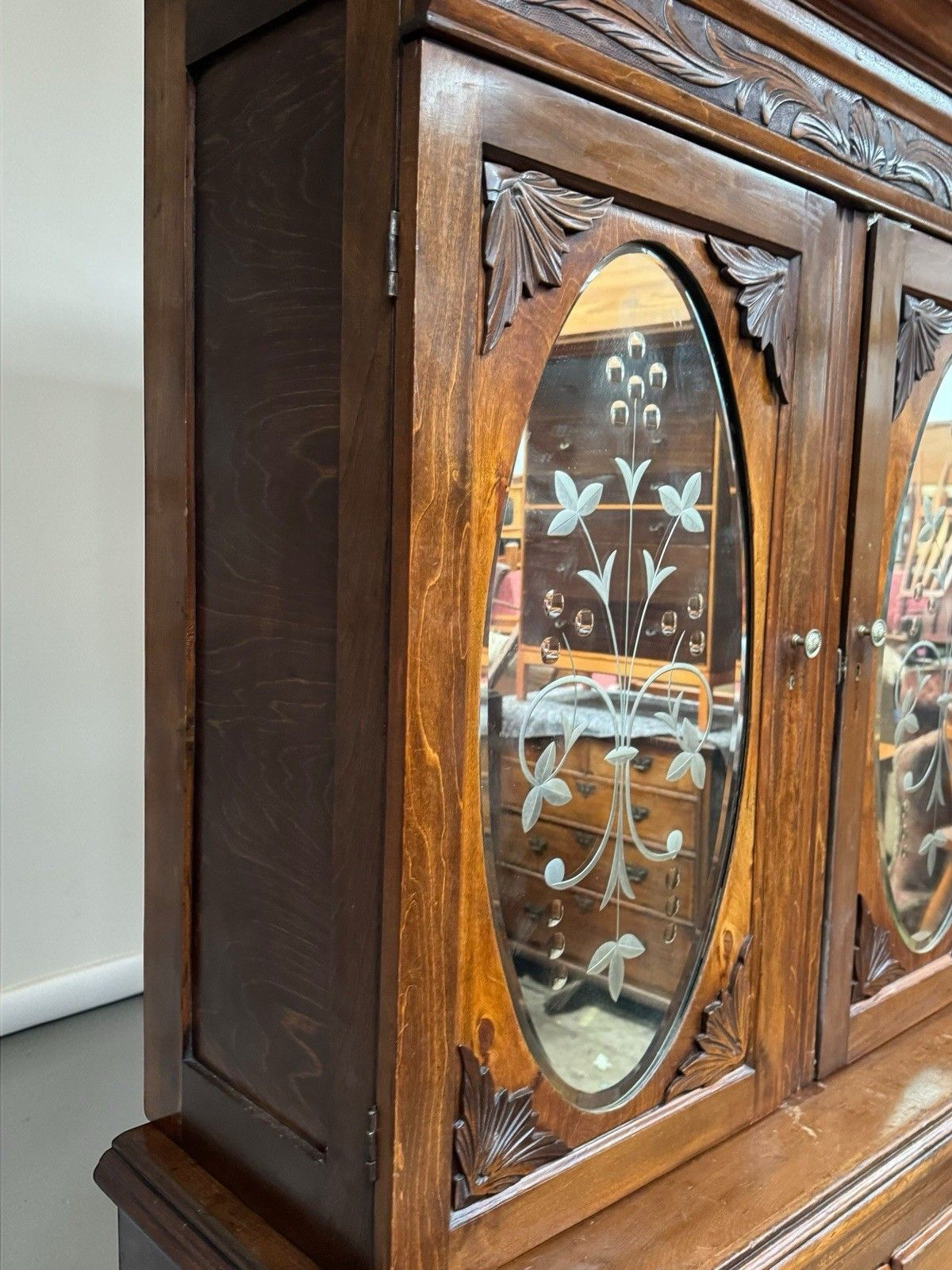 Antique Walnut Carved Bookcase Chest Of Drawers Decorative C1900 Etched Mirrors photo Furniture