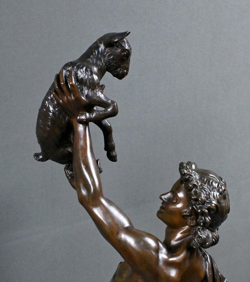 photo vintage Important Bronze Sculpture "Faun Playing With A Kid" Signed Gumery – Second Half Of The 19th Century
