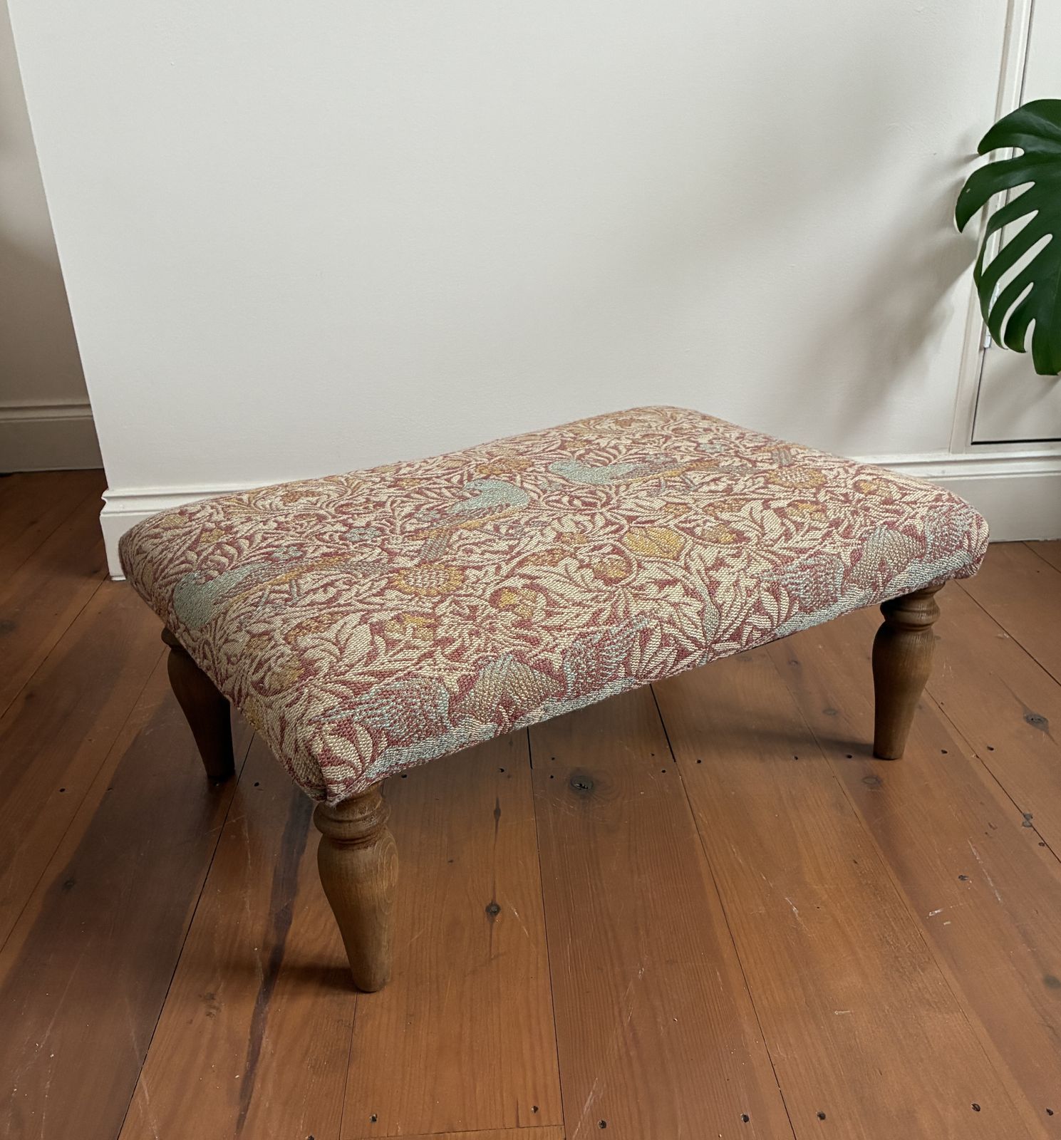Footstool In William Morris Bird Weave Fabric With Turned Legs Free Delivery photo furniture