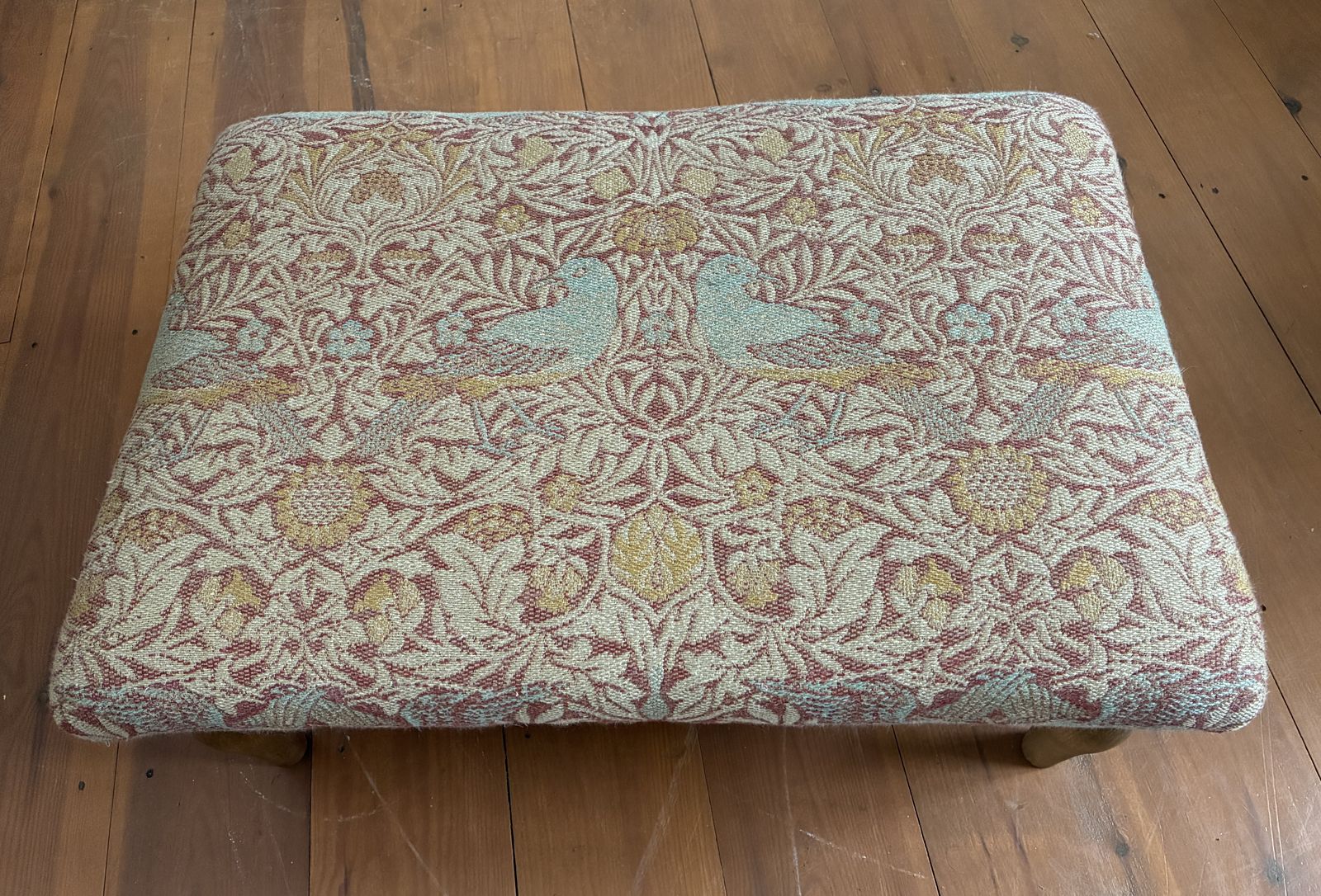 Footstool In William Morris Bird Weave Fabric With Turned Legs Free Delivery photo Furniture