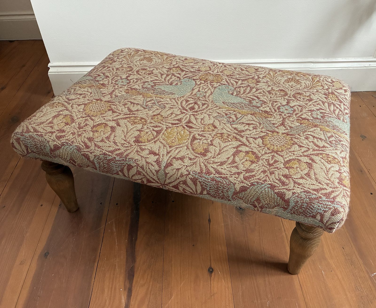 Footstool In William Morris Bird Weave Fabric With Turned Legs Free Delivery