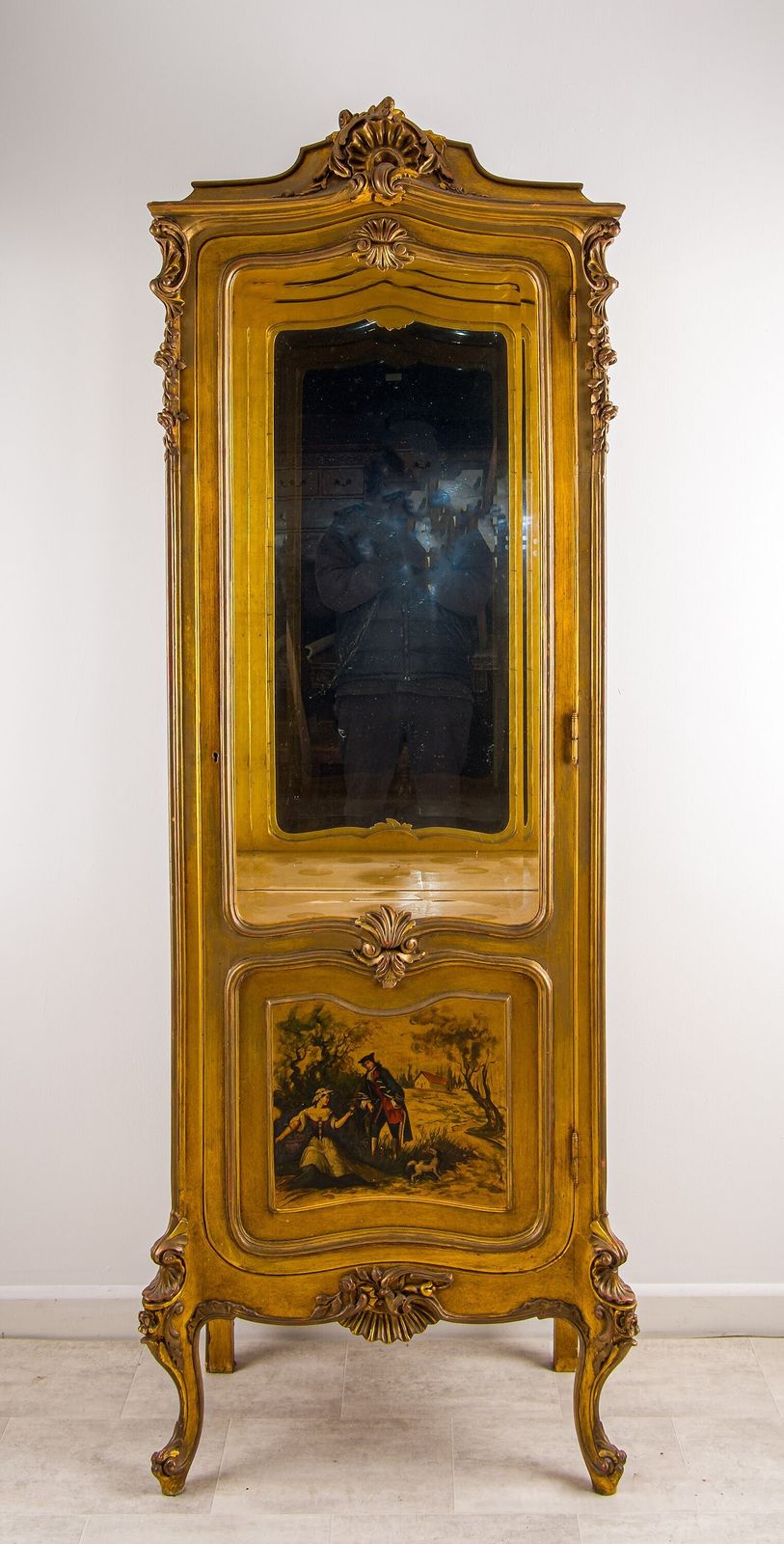 Antique French Rococo Gilt Vitrine Display Cabinet With Hand Painted Panels C1920