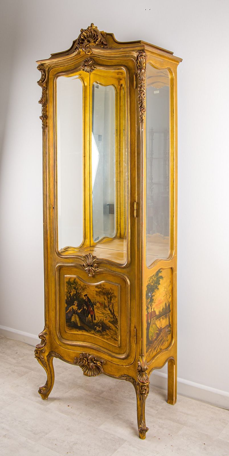 Antique French Rococo Gilt Vitrine Display Cabinet With Hand Painted Panels C1920 photo for sale