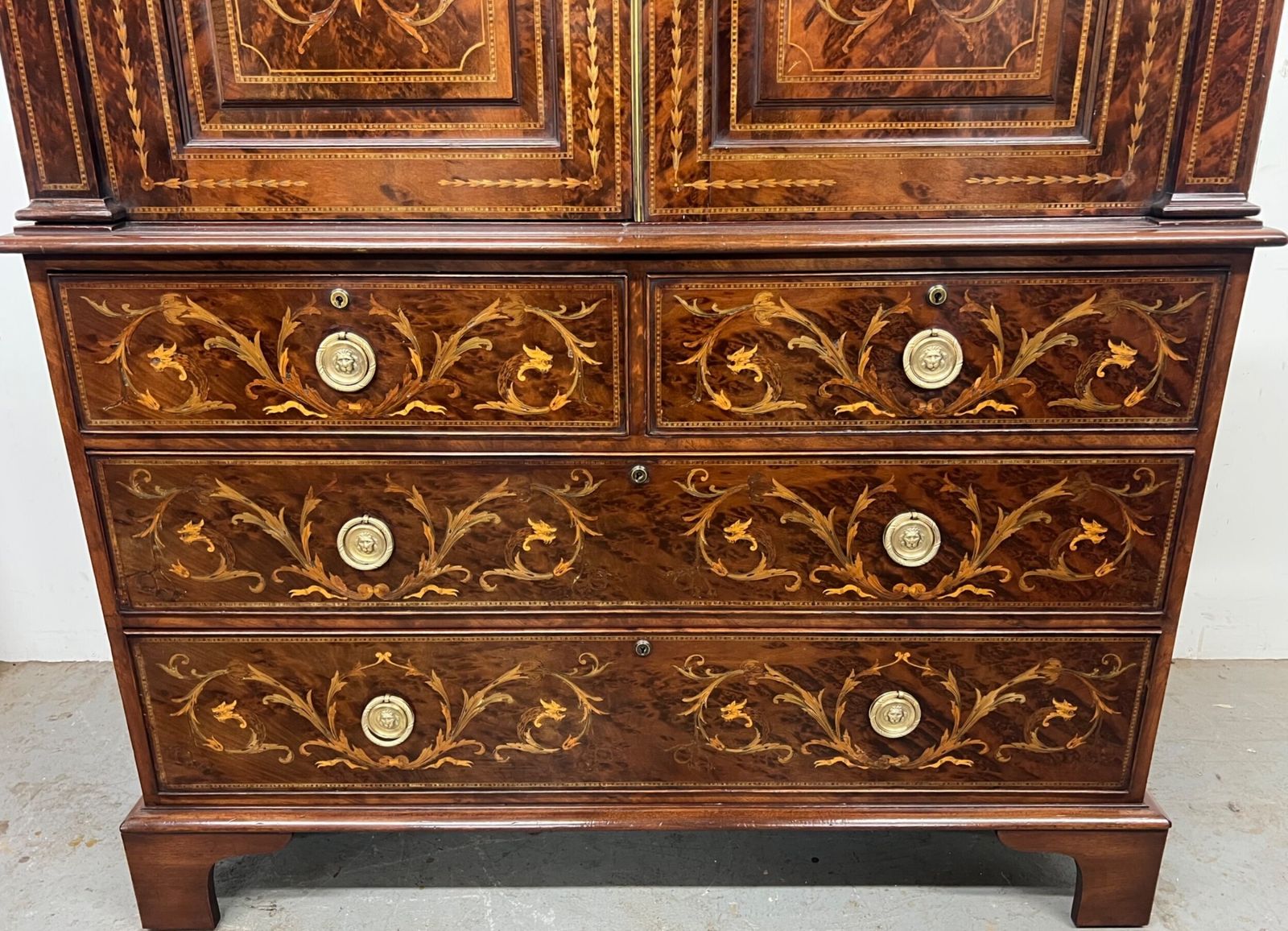 photo furniture Stunning Antique Marquetry Inlaid Linen Press