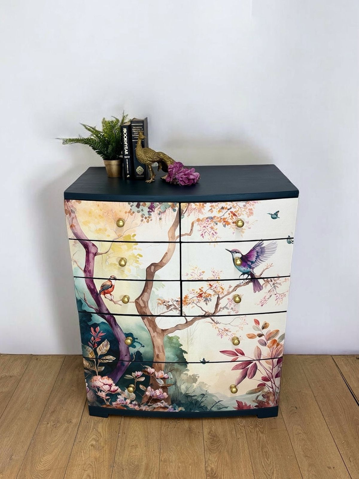 Pretty Floral Extra Large Chest Of Drawers In A Deep Teal Navy Blue photo furniture
