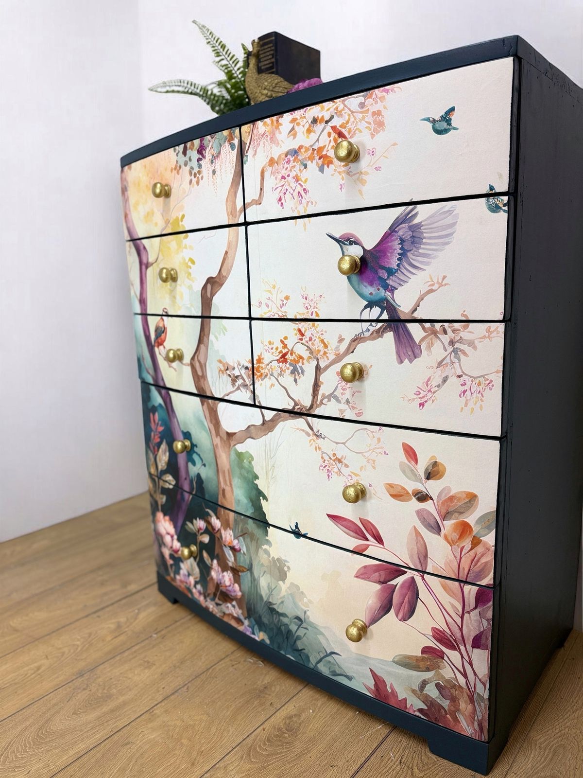 Pretty Floral Extra Large Chest Of Drawers In A Deep Teal Navy Blue photo buy