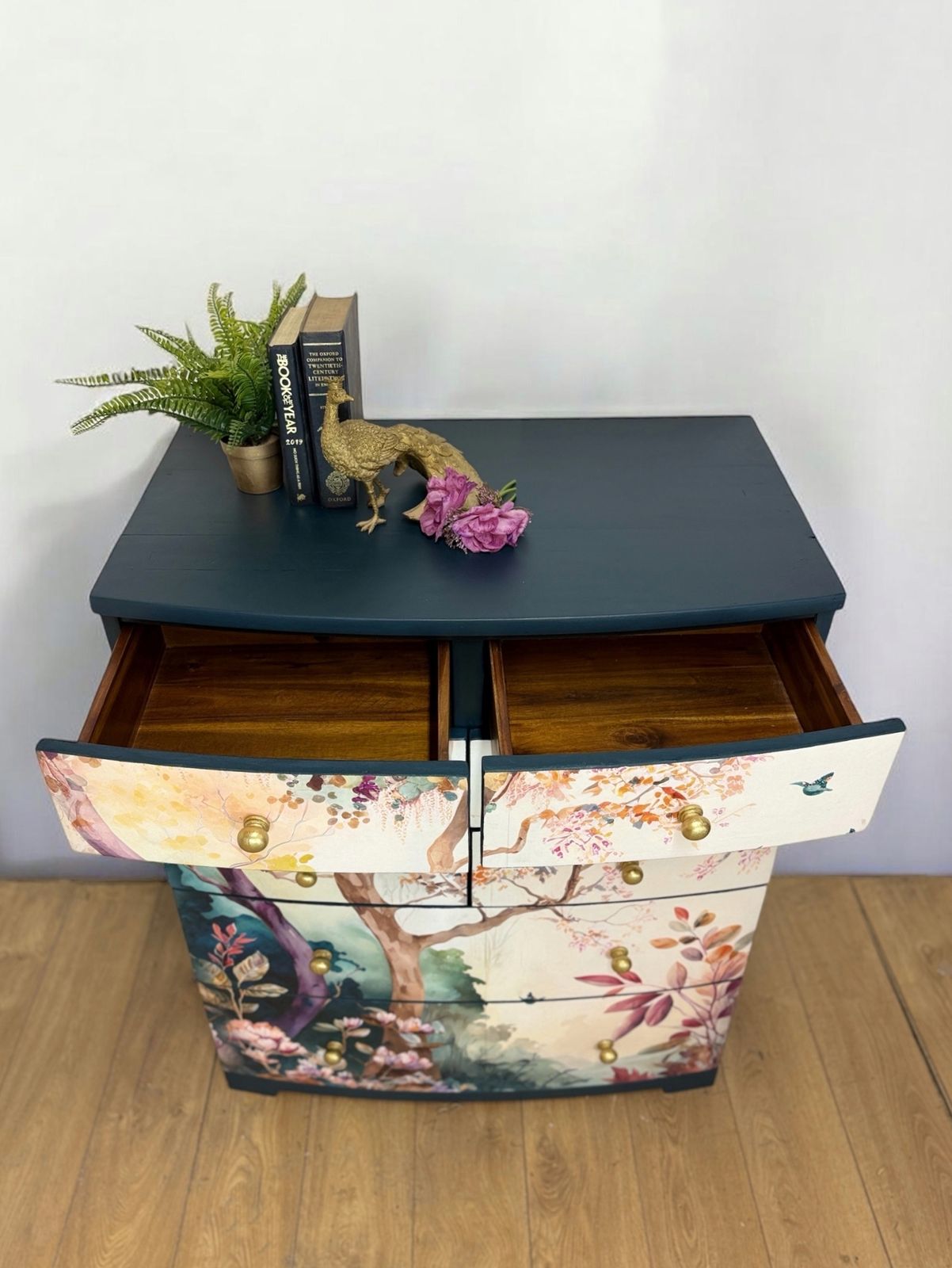 Pretty Floral Extra Large Chest Of Drawers In A Deep Teal Navy Blue photo vintage