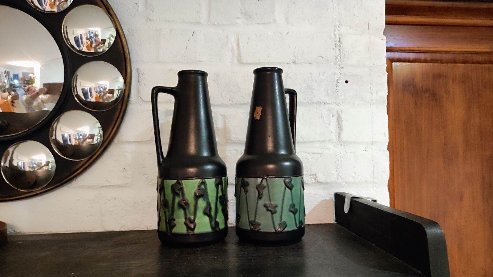 122.0 Vintage Dümler Breiden Black And Green Vase Pair photo