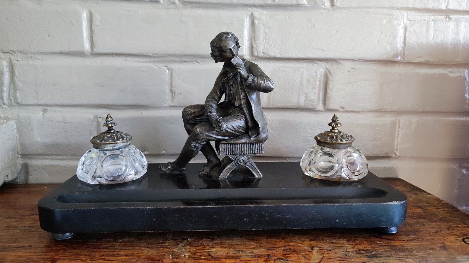 Antique French Double Figural Inkwell On Wood Base
