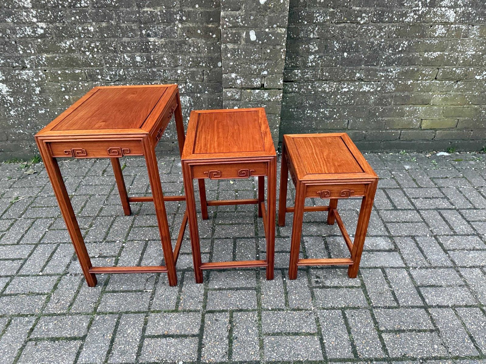 Vintage Chinese Style Nest Of Three Tables Hardwood Oriental Inspired Side Accent Tables photo vintage