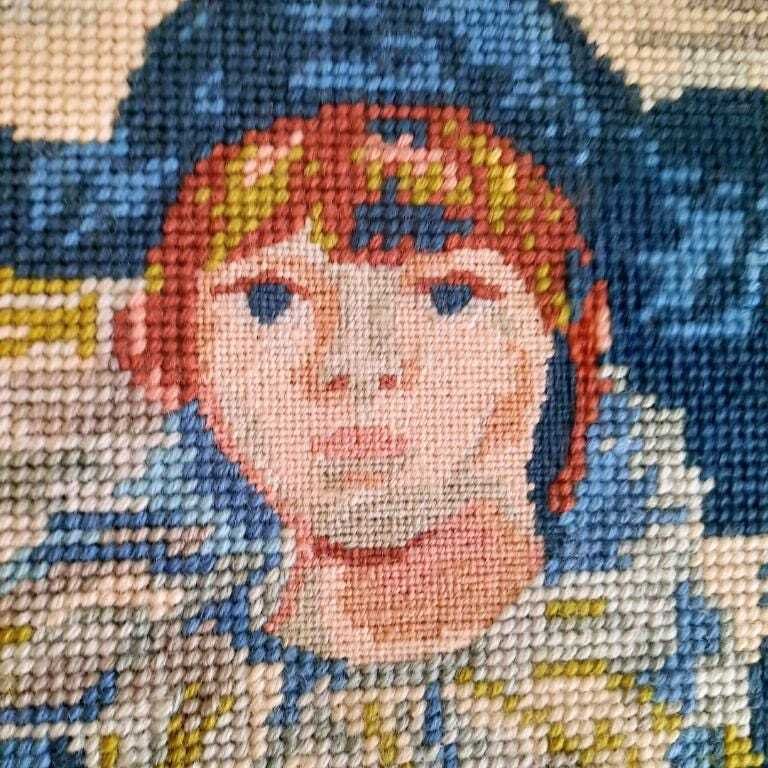 Vintage Oak Wooden Framed Needlepoint After Pablo Picasso's Harlequin H 19.5'' Tall photo Art