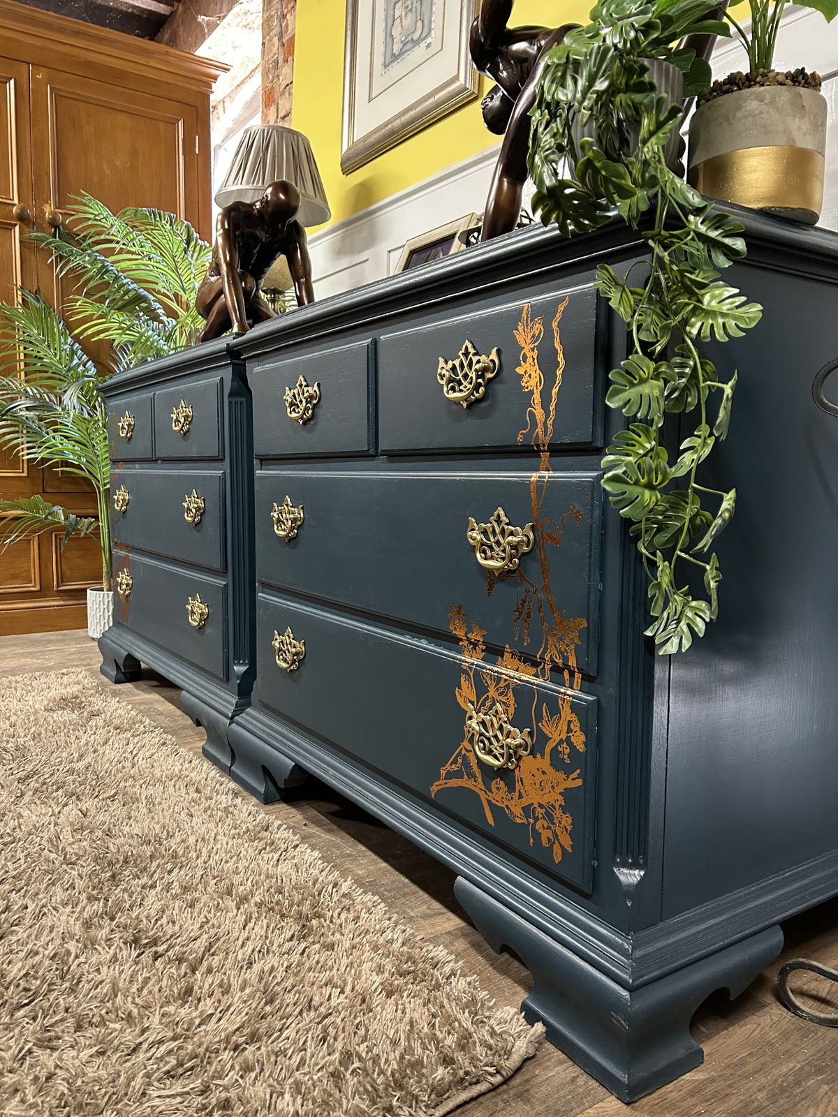Pair Of French Revival Chests Of Drawers With Copper Foil Art Work And Antique Brass Drawer Furniture.