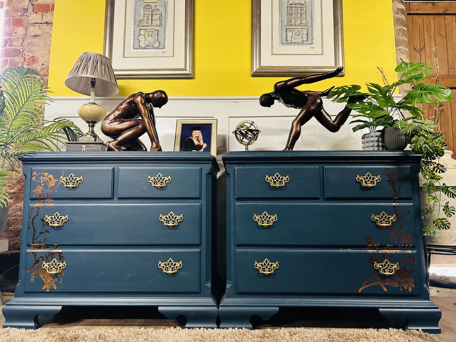 Pair Of French Revival Chests Of Drawers With Copper Foil Art Work And Antique Brass Drawer Furniture. photo for sale