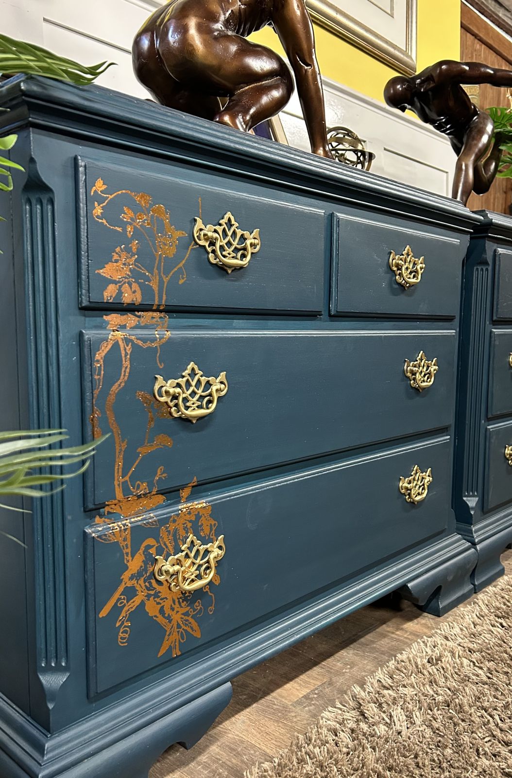 Pair Of French Revival Chests Of Drawers With Copper Foil Art Work And Antique Brass Drawer Furniture. photo Furniture