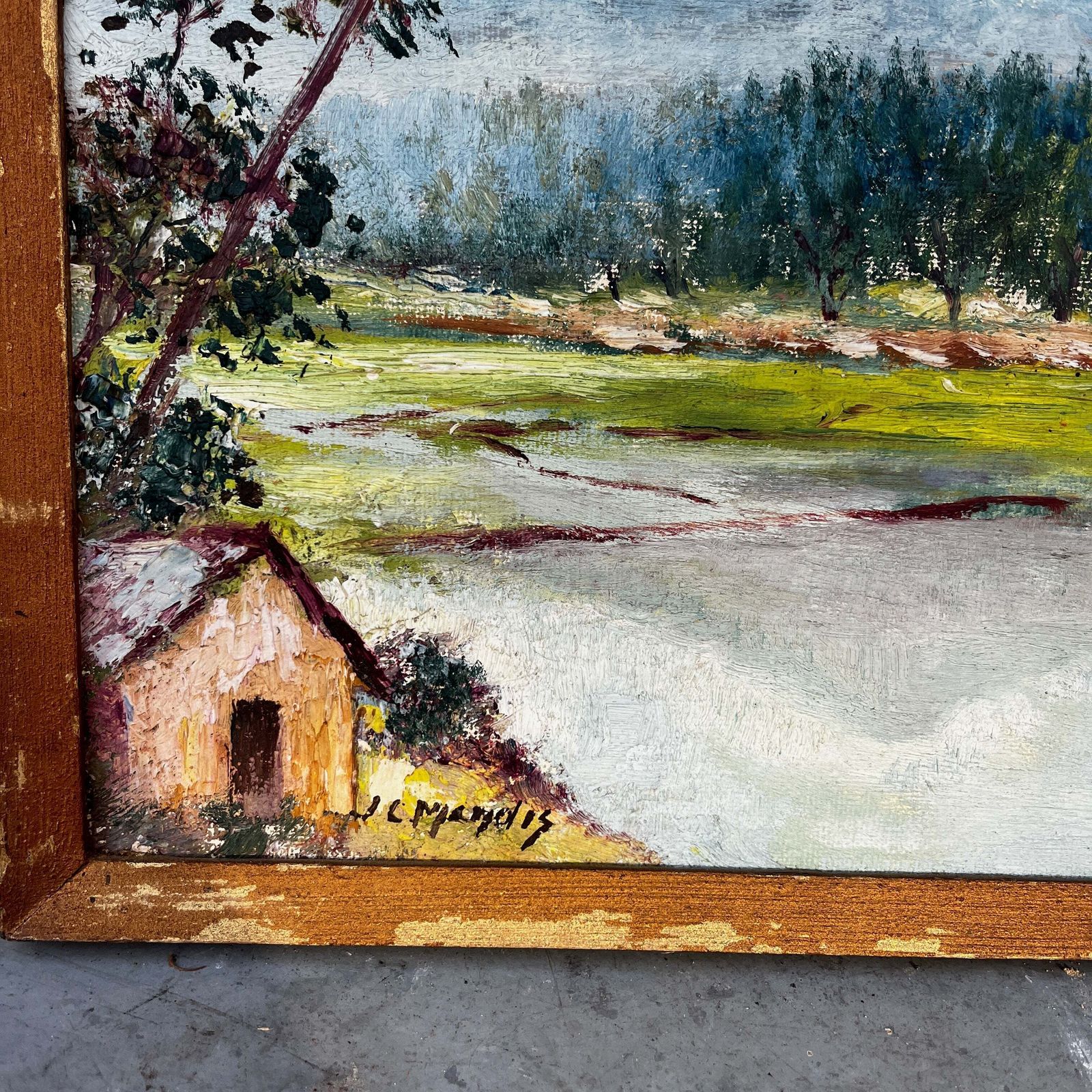 Vintage Oil Painting Depicting A Landscape Containing A House And Mountains By J C Mandis photo for sale