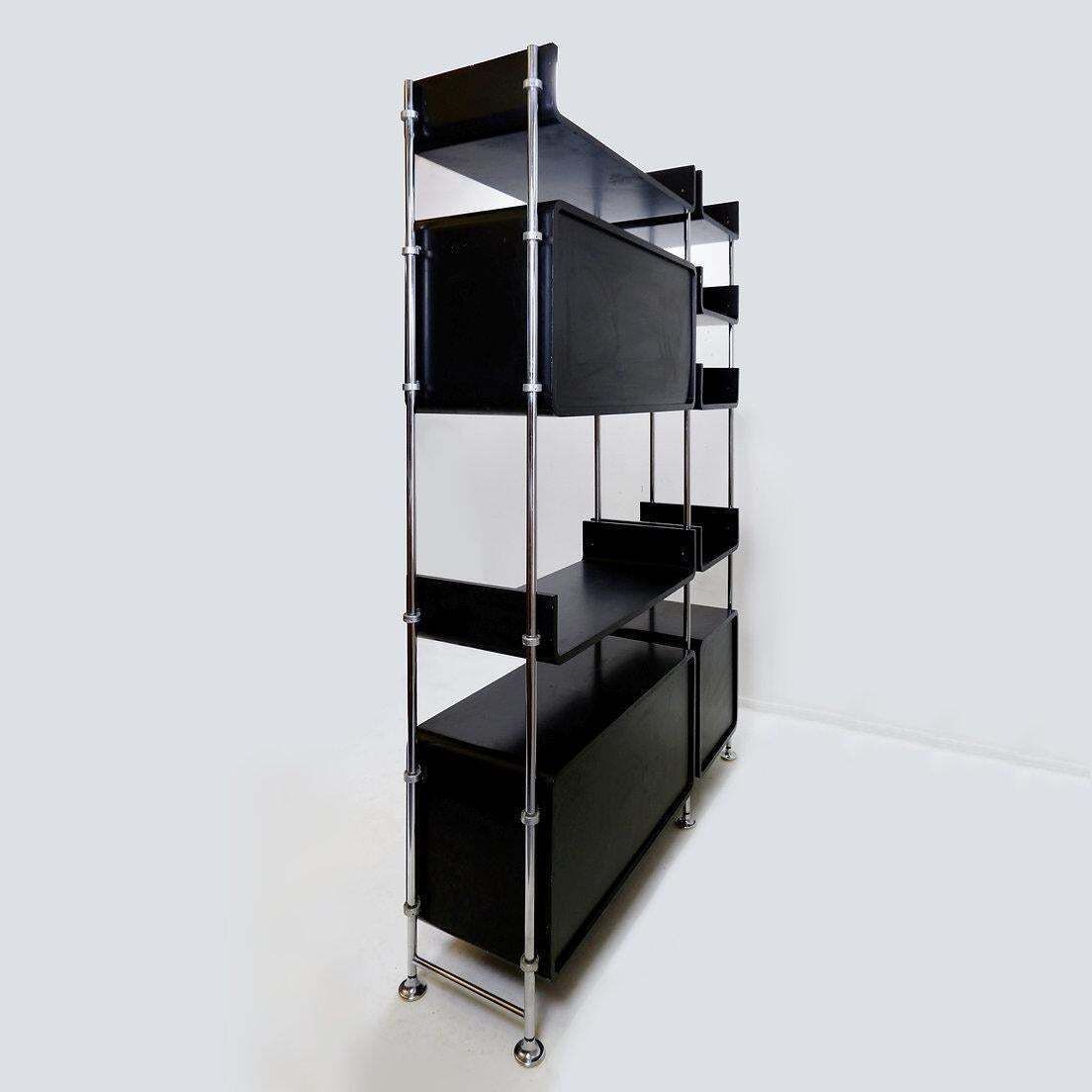 Omnia Wall Unit, Vintage Modular Shelf, Black Wood & Metal, 1970s photo 2419.0