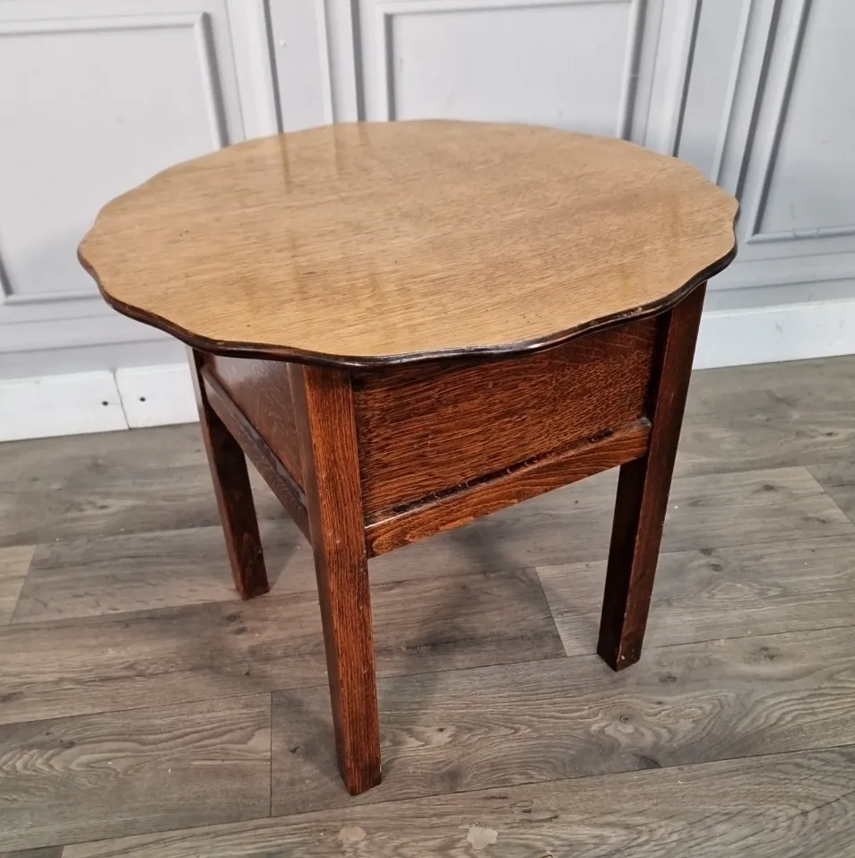 Antique Oak Sewing Table Side Scalloped Storage Vintage Arts & Crafts Retro