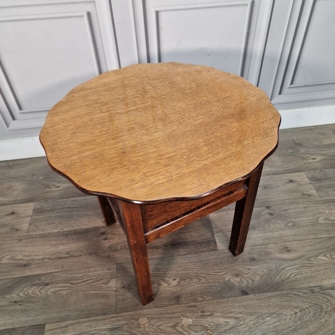 Antique Oak Sewing Table Side Scalloped Storage Vintage Arts & Crafts Retro photo furniture