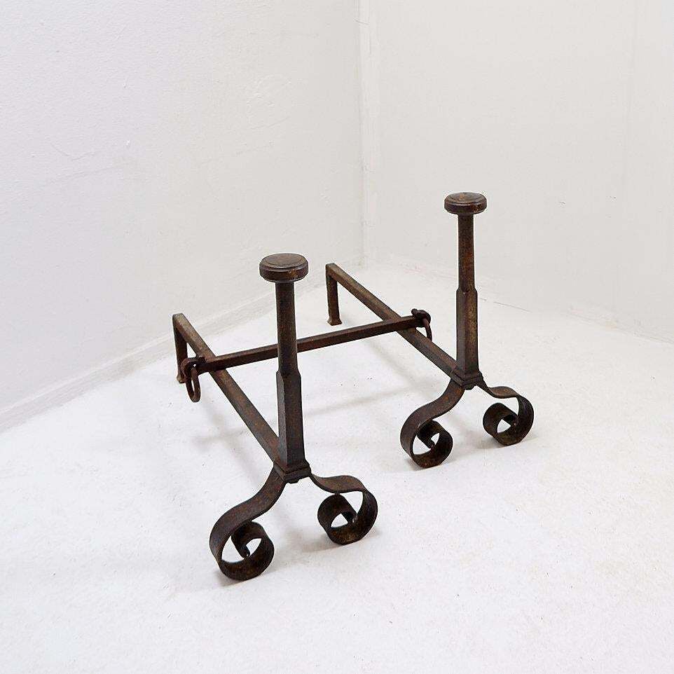 19th Century Antique Wrought Iron Andirons With Curved Legs photo buy