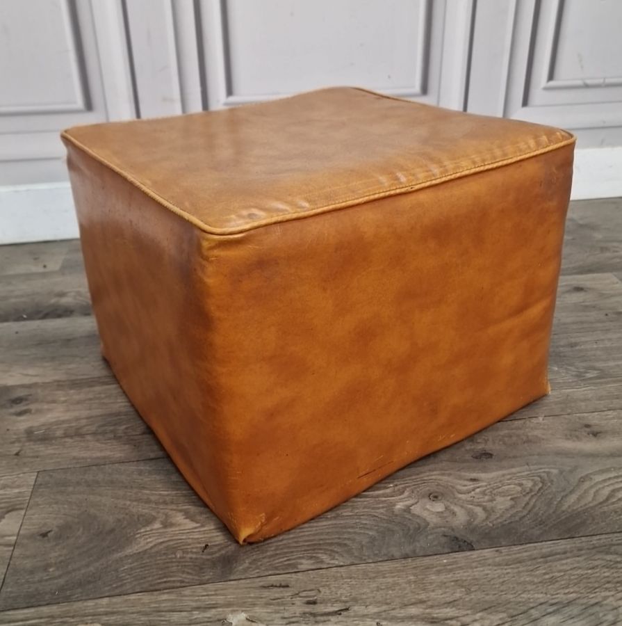 Vintage Tan Pouffe Cube Footstool Faux Leather Vinyl Retro Mid Century Mcm
