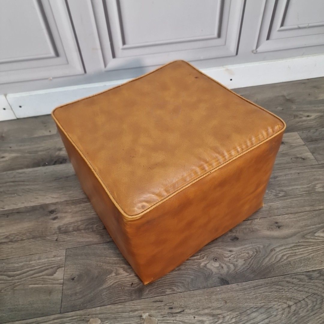 Vintage Tan Pouffe Cube Footstool Faux Leather Vinyl Retro Mid Century Mcm photo furniture