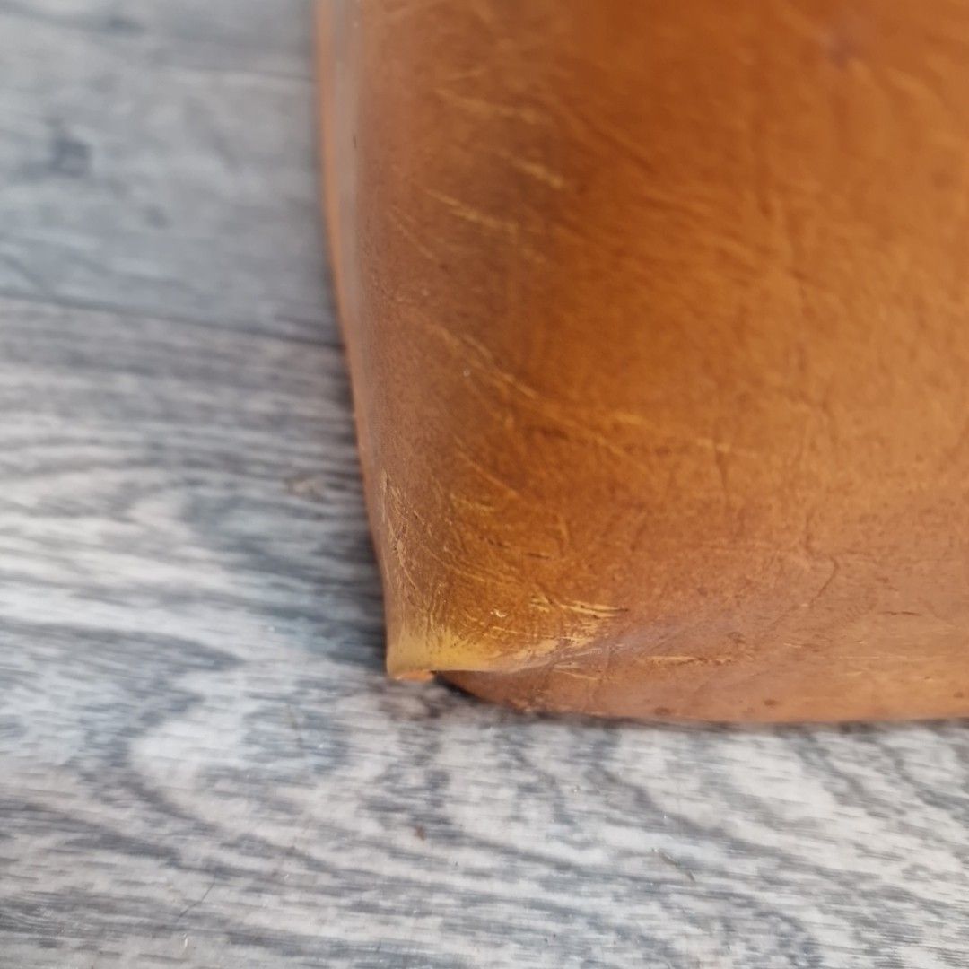 photo vinterior Vintage Tan Pouffe Cube Footstool Faux Leather Vinyl Retro Mid Century Mcm