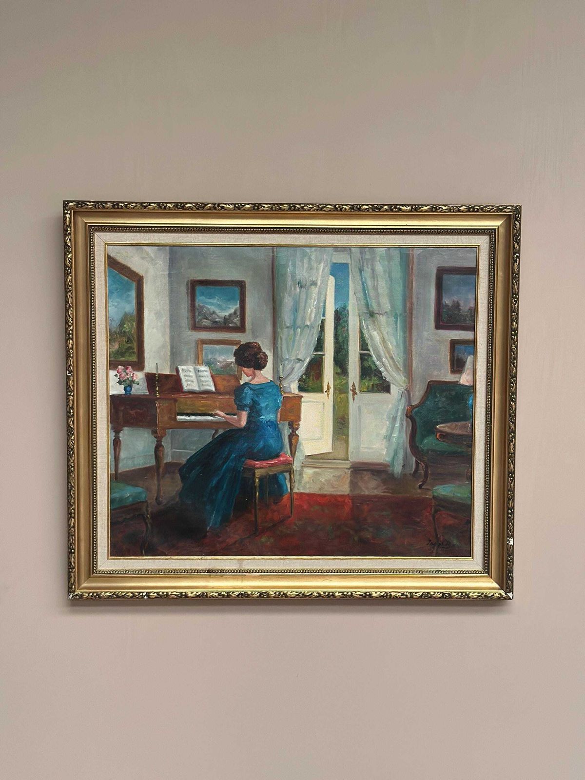 Original Mid‑Century Norwegian Oil On Canvas – “Woman At Piano” By Inger Bo – Vintage  & Framed – 75 × 84 Cm (29.5" × 33.1") photo Art