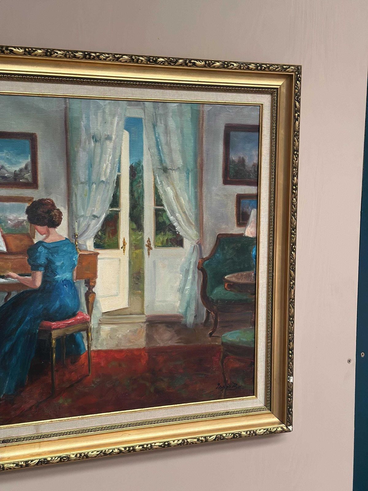 Original Mid‑Century Norwegian Oil On Canvas – “Woman At Piano” By Inger Bo – Vintage  & Framed – 75 × 84 Cm (29.5" × 33.1") photo vintage