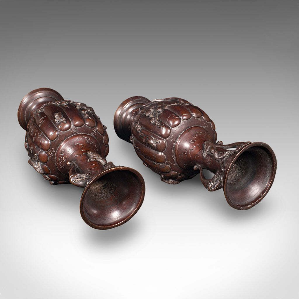 Pair Of Antique Stem Vases, Japanese, Bronze, Meiji Era, Baluster Urn, Victorian photo vintage