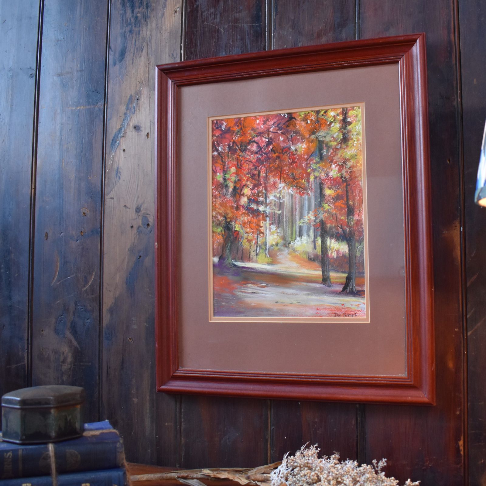 Vintage Jan Bates Brown Trees Woodland Forest Gouache Pastel Framed Picture photo buy