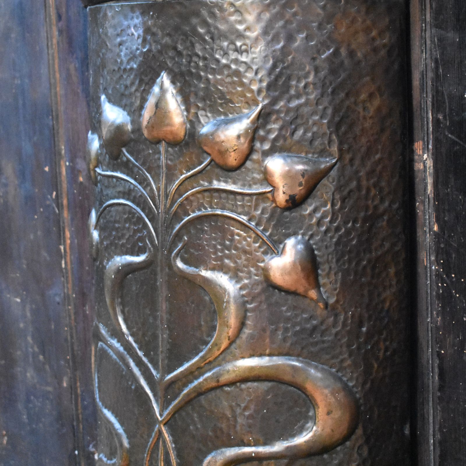 Antique Art Noueau Handmade Repousse Copper Demi Lune Umbrella Stick Stand photo for sale
