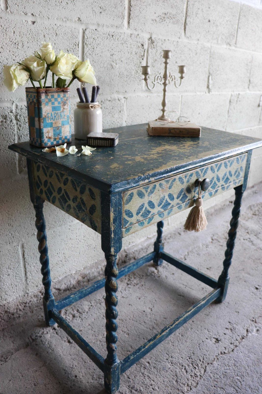 Blue And White Harlequin Painted Barleytwist Bedside Or Occasional Table With Drawer photo 450.0