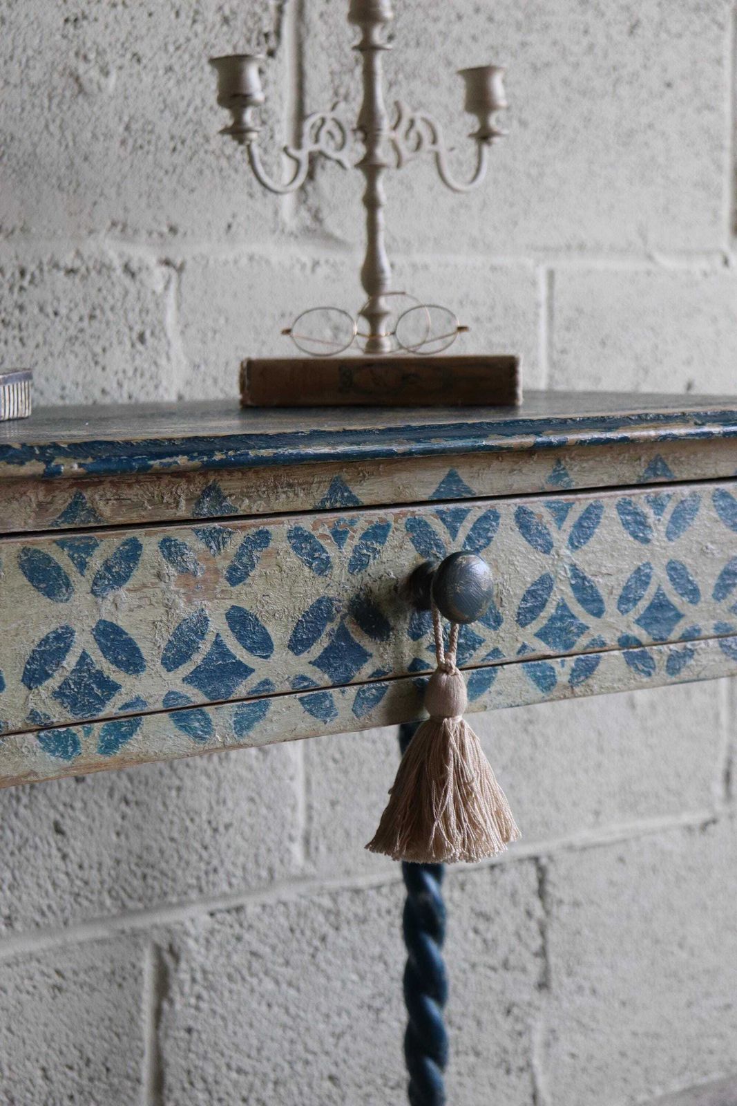 Blue And White Harlequin Painted Barleytwist Bedside Or Occasional Table With Drawer photo vinterior