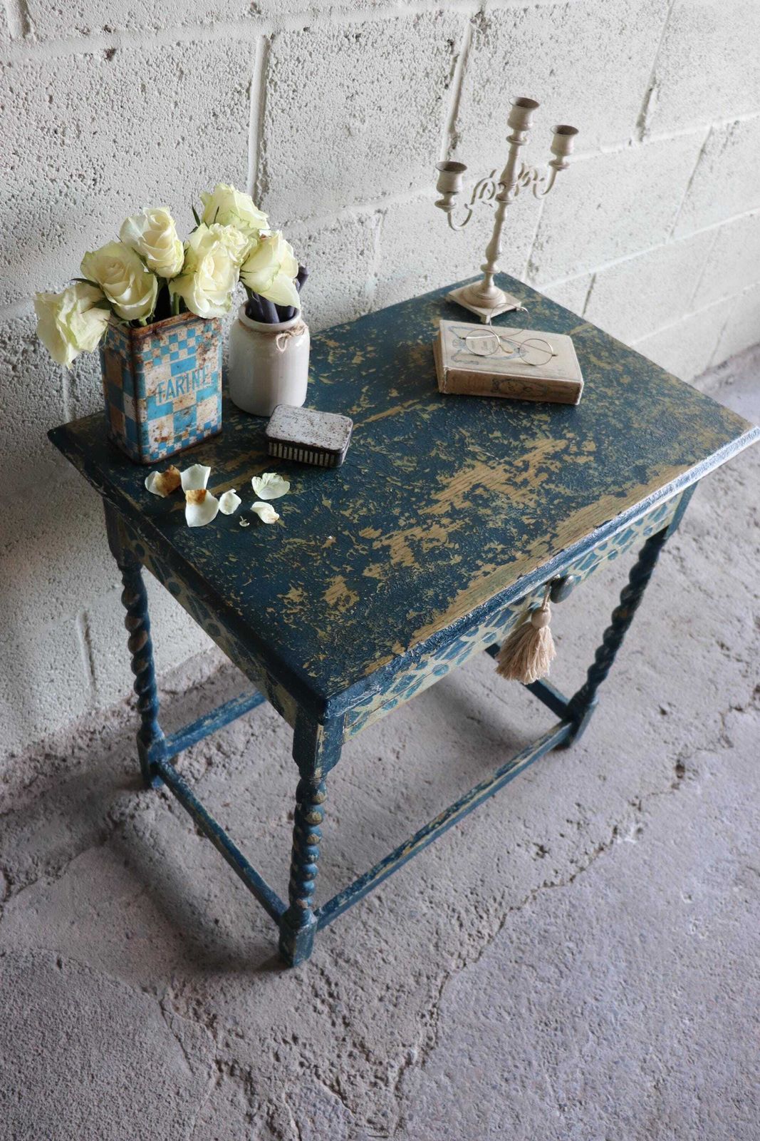photo furniture Blue And White Harlequin Painted Barleytwist Bedside Or Occasional Table With Drawer