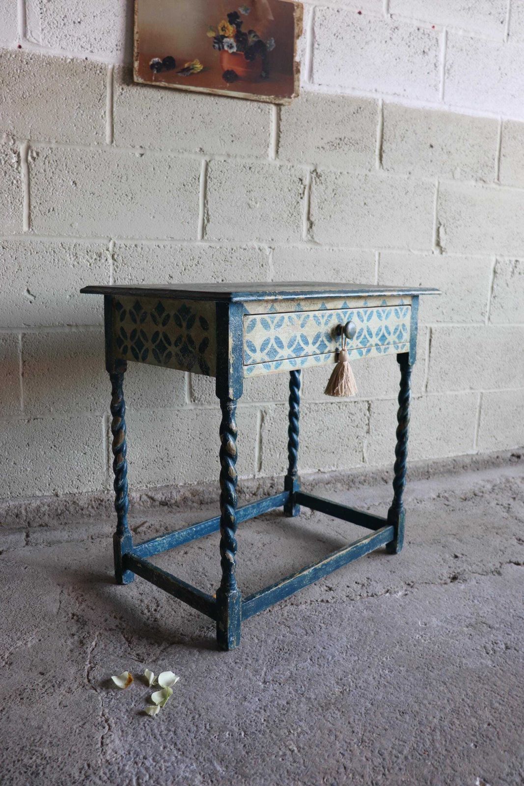 450.0 Blue And White Harlequin Painted Barleytwist Bedside Or Occasional Table With Drawer photo