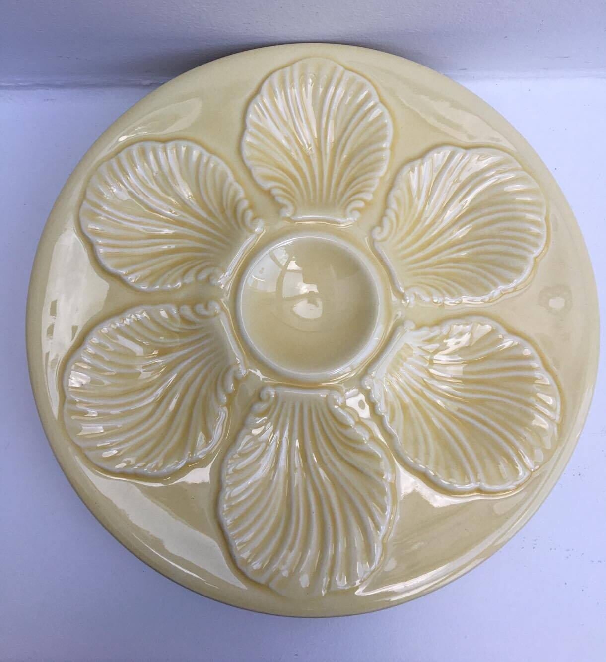 1 Vintage Proceram Oyster Plates: Pastel Yellow Majolica Seafood Serving Dishes photo vintage