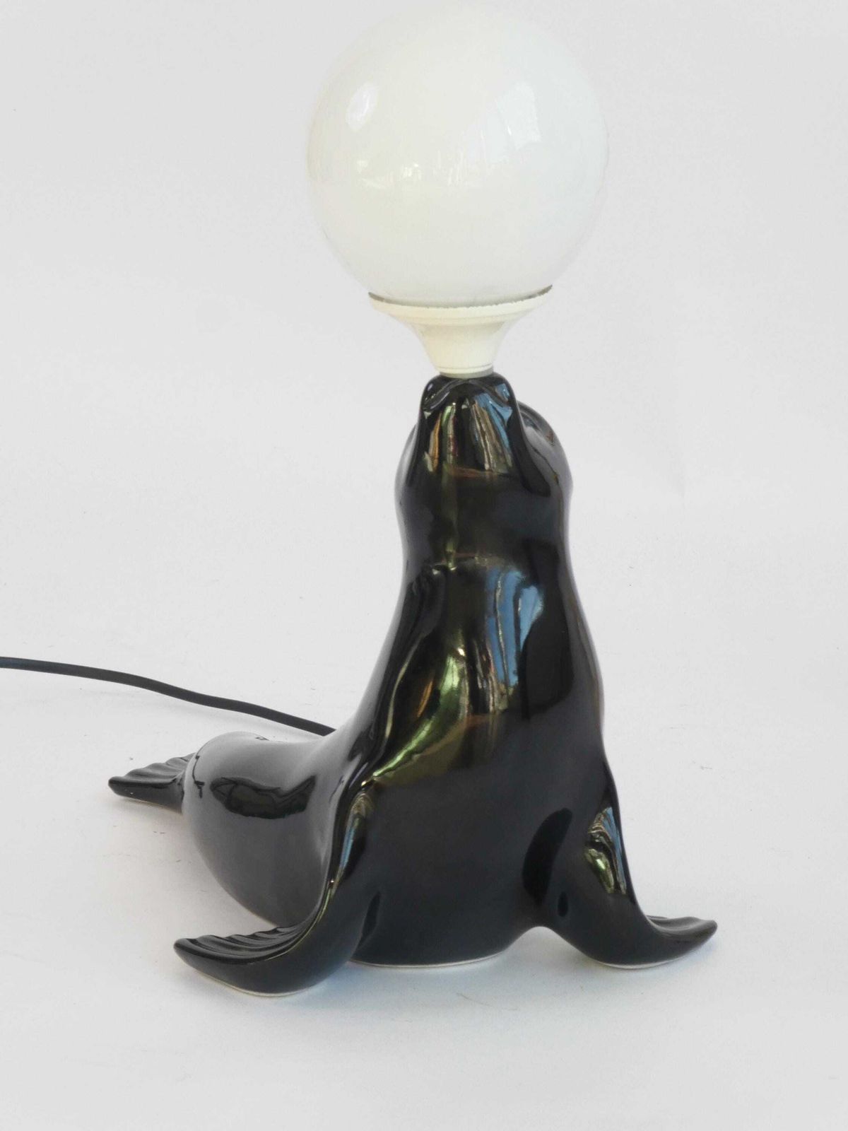 Stunning Original Mid Century Seal Table Lamp, Black Ceramic Glazed Lamp With White Globe, Designers Desk Light photo for sale