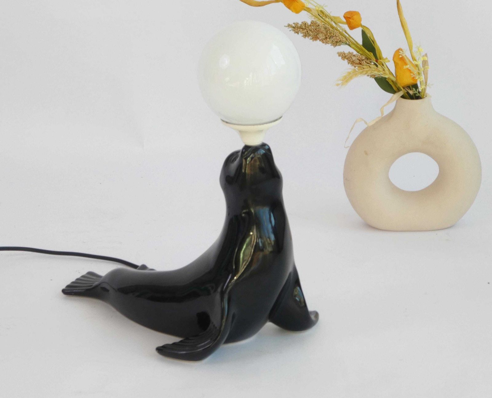 Stunning Original Mid Century Seal Table Lamp, Black Ceramic Glazed Lamp With White Globe, Designers Desk Light photo Lighting