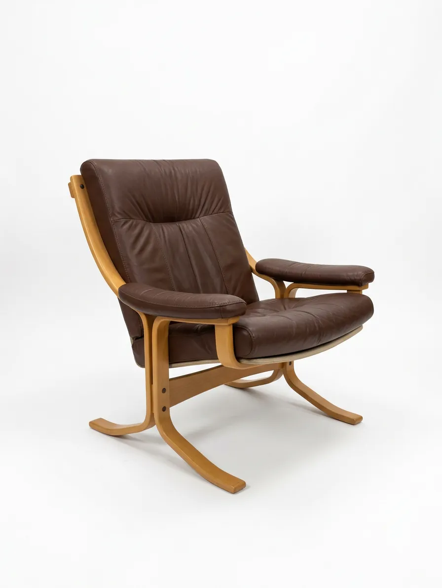 Scandi Brown Leather Beech Lounge Chair, Style Of Ingmar Relling