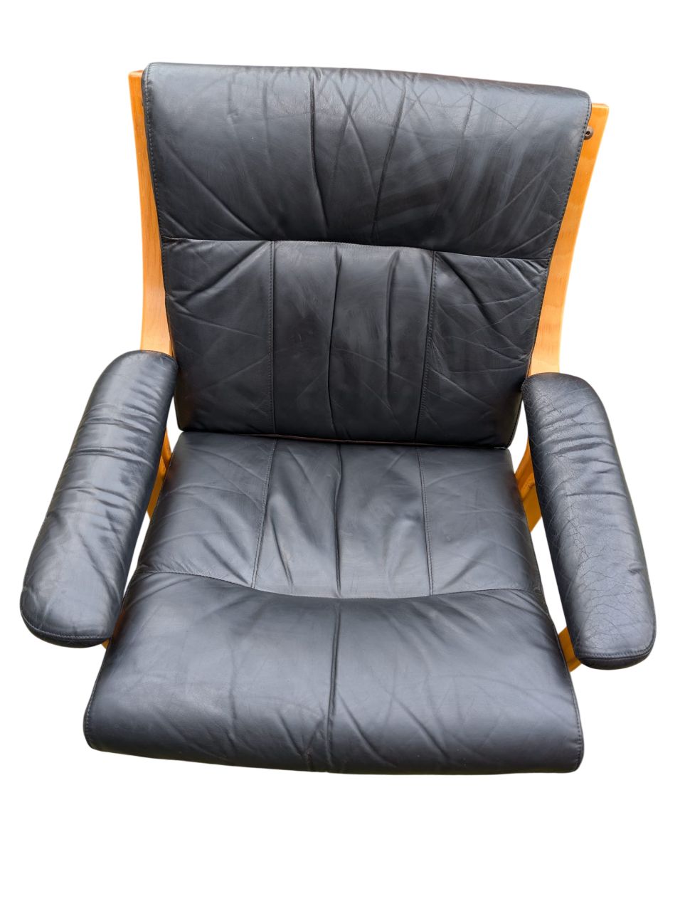 Scandi Black Leather Beech Lounge Chair, Style Of Ingmar Relling photo for sale