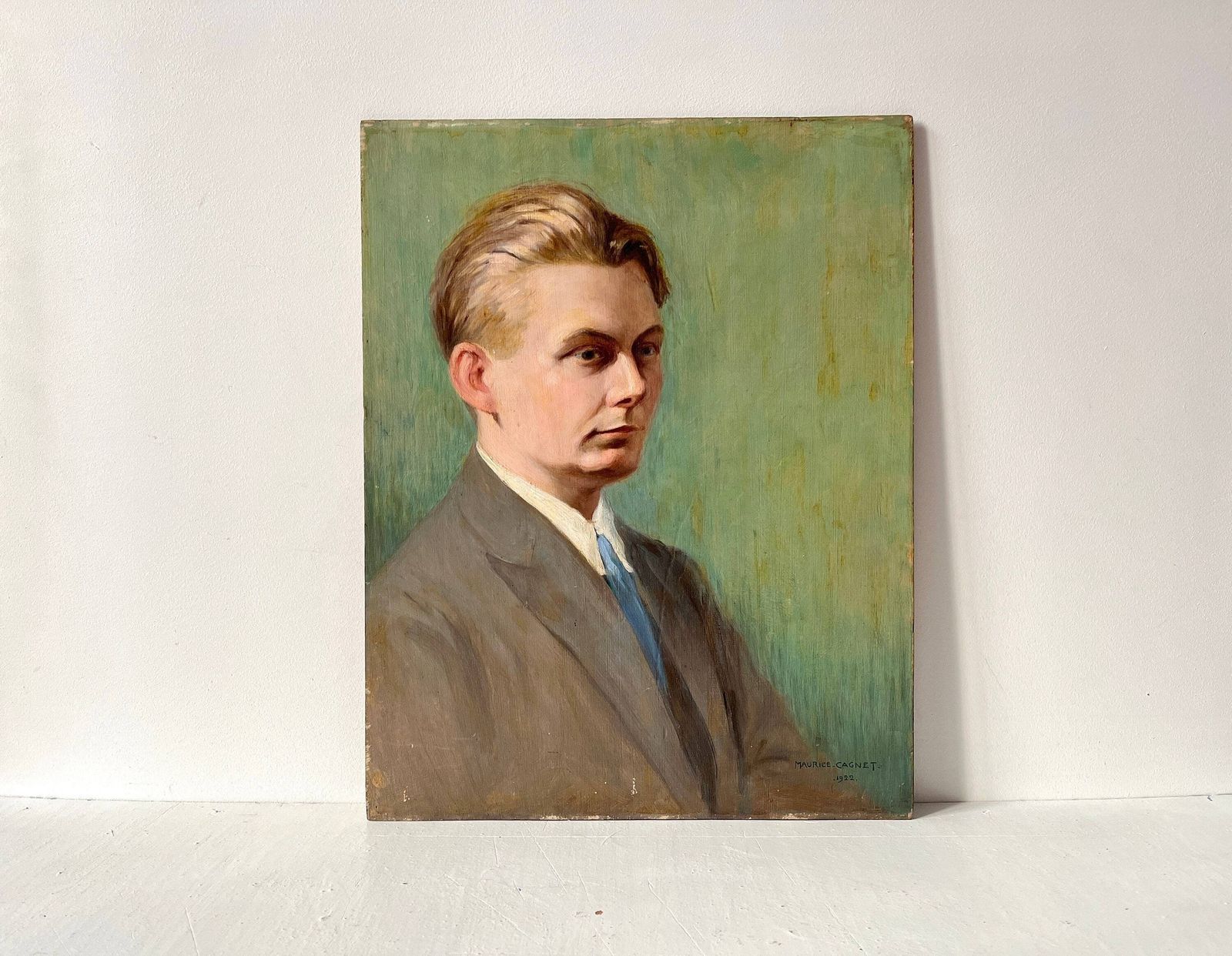 Original 1922s Oil Man Portrait On Panel, Antique French Painting Signed Maurice Cagnet