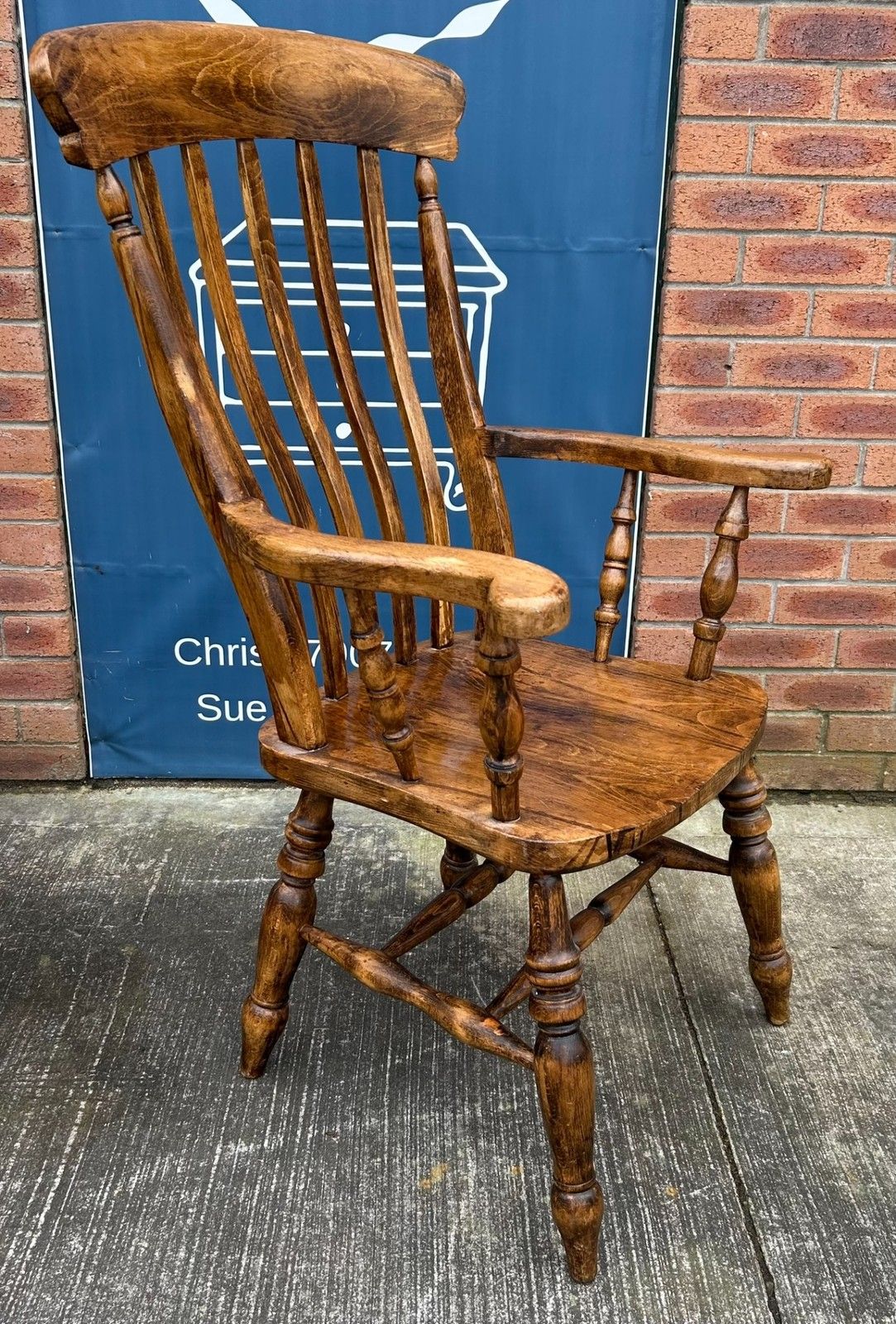 Vintage Beech Lath High Back Farmhouse Windsor Chair Rustic Armchair